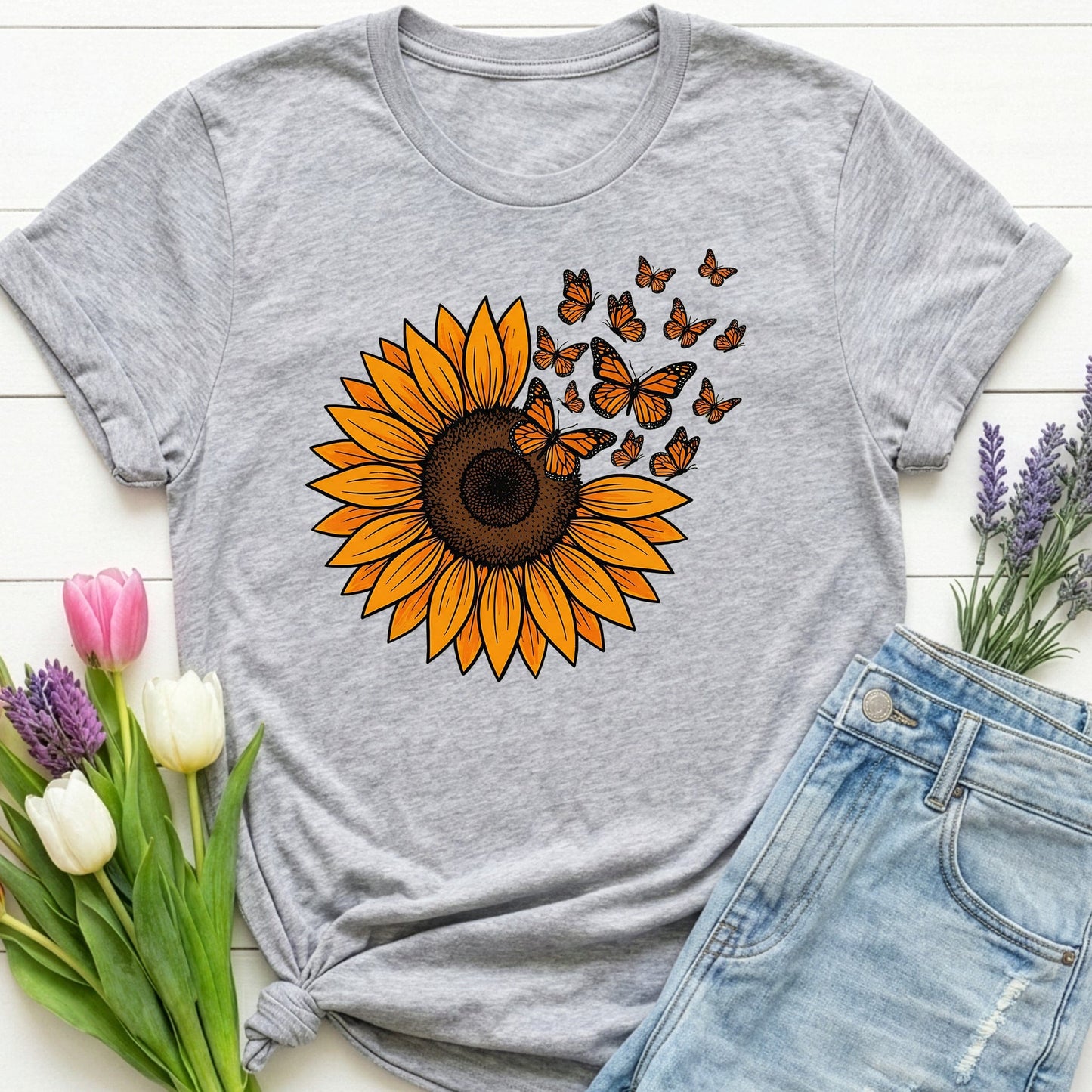 Sunflower & Monarch Butterflies Shirt | Nature-Inspired Floral Graphic Tee