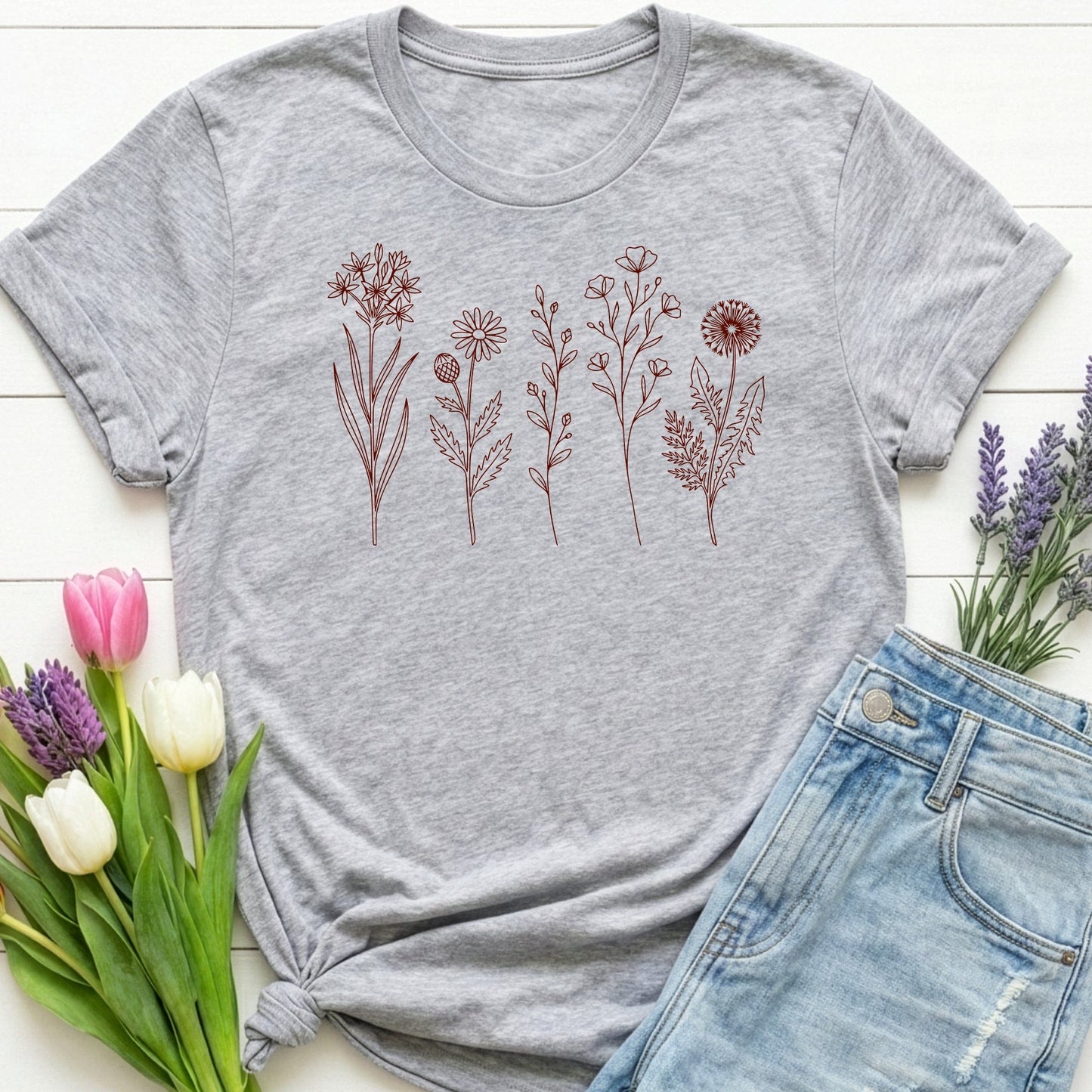 Minimal Wildflower Line Art Shirt | Botanical Sketch Floral Graphic Tee