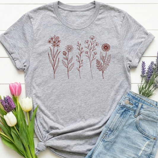 Minimal Wildflower Line Art Shirt | Botanical Sketch Floral Graphic Tee