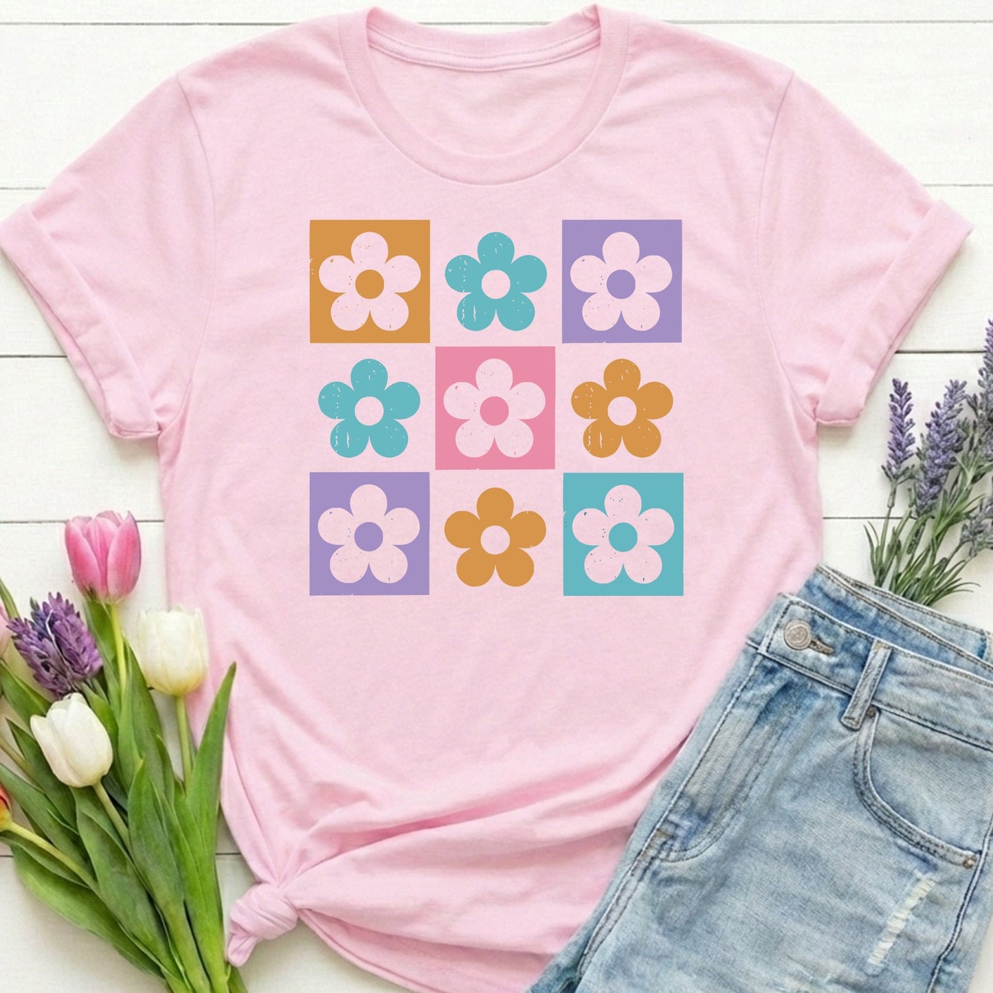 Retro Flower Grid t-shirt | Modern Floral Pattern, Colorful Minimalist Design