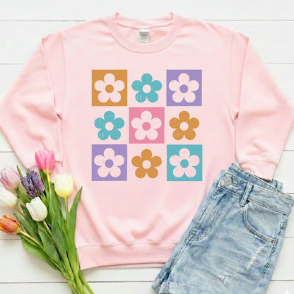 Retro Flower Grid Sweatshirt | Modern Floral Pattern, Colorful Minimalist Design