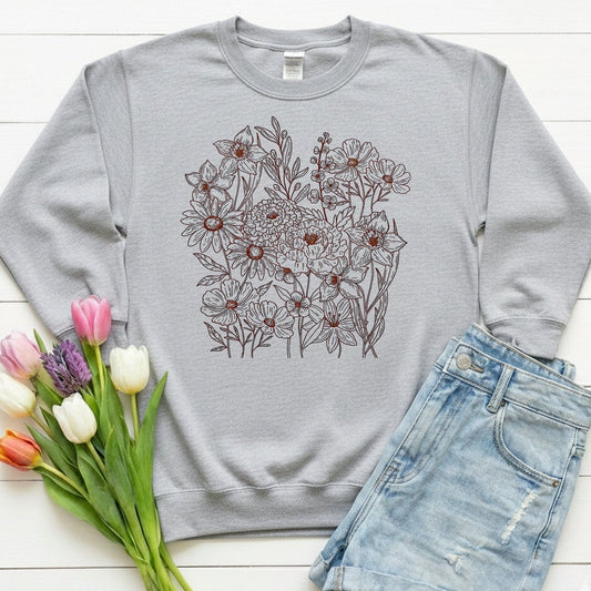 Vintage Floral Line Art Sweatshirt | Dark Botanical Wildflower Design
