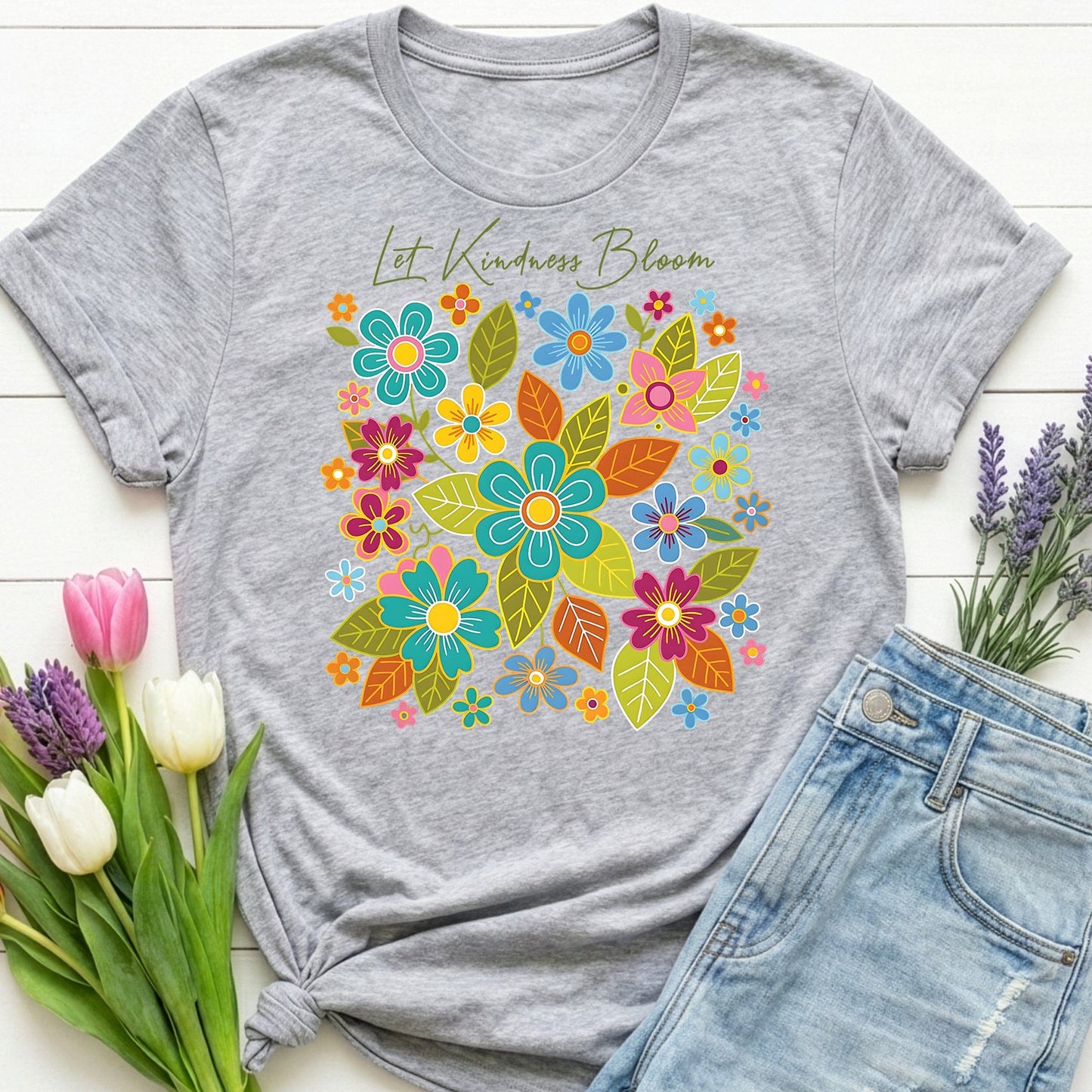 Let Kindness Bloom t-shirt | Colorful Floral Positivity Design