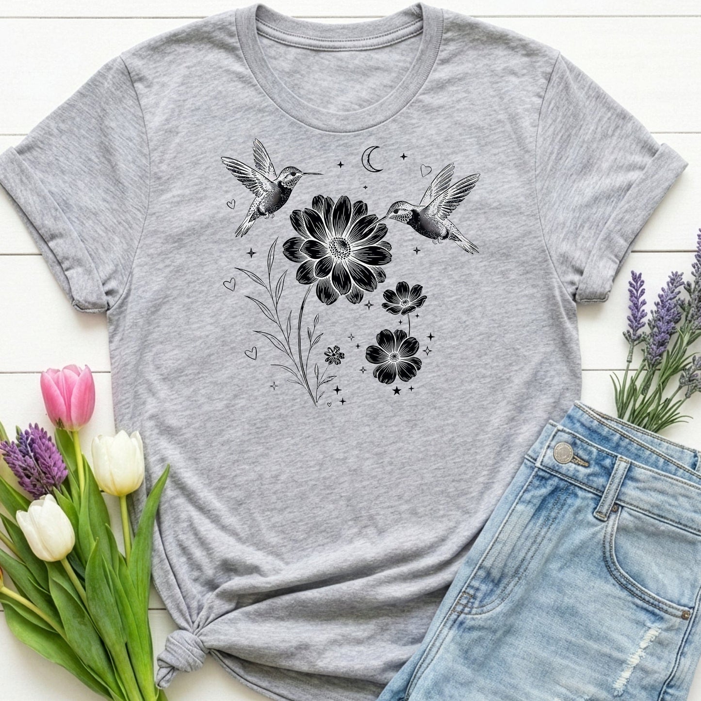 Hummingbird & Wildflower t-shirt | Minimal Botanical Nature Design