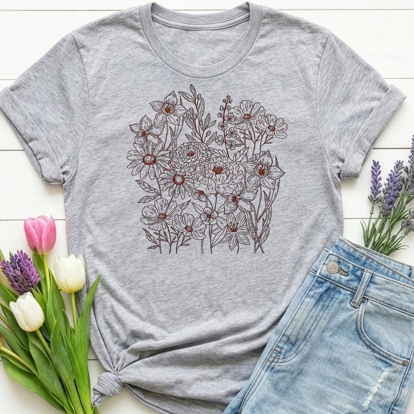 Vintage Floral Line Art t-shirt | Dark Botanical Wildflower Design