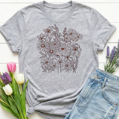 Vintage Floral Line Art t-shirt | Dark Botanical Wildflower Design