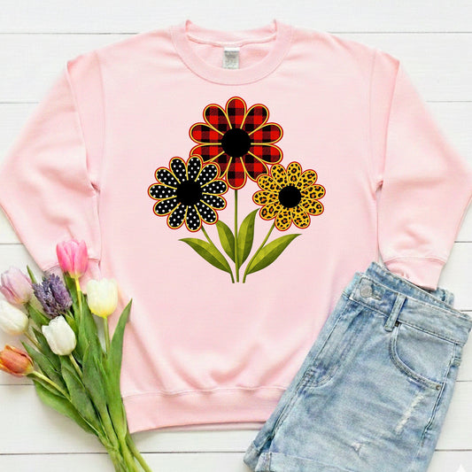 Patterned Floral Trio Sweatshirt | Buffalo Plaid, Polka Dot & Leopard Spring Design
