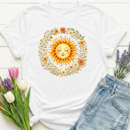 Radiant Sun & Floral Wreath t-shirt | Soft Botanical Spring Design