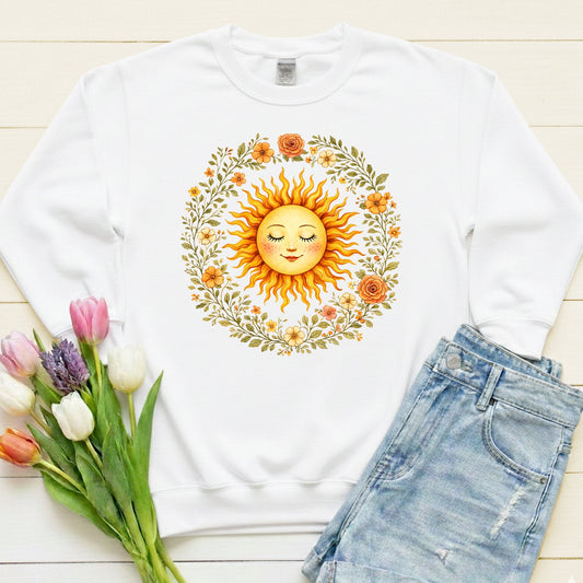 Radiant Sun & Floral Wreath Sweatshirt | Soft Botanical Spring Design