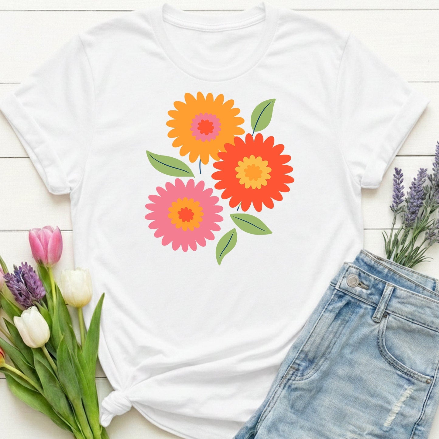 Retro Spring Flowers t-shirt | Colorful Minimal Floral Design