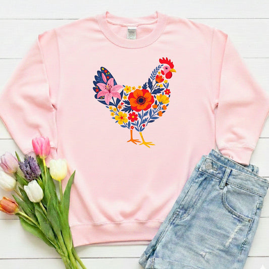 Floral Chicken Sweatshirt | Folk Art Spring Farm Design
