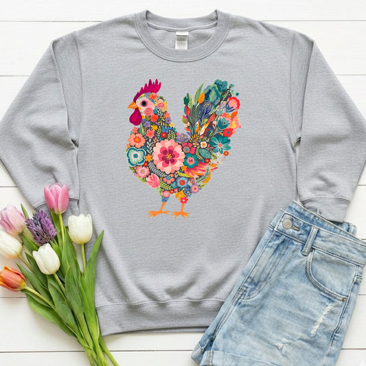 Floral Folk Hen Sweatshirt | Colorful Botanical Farmhouse Design