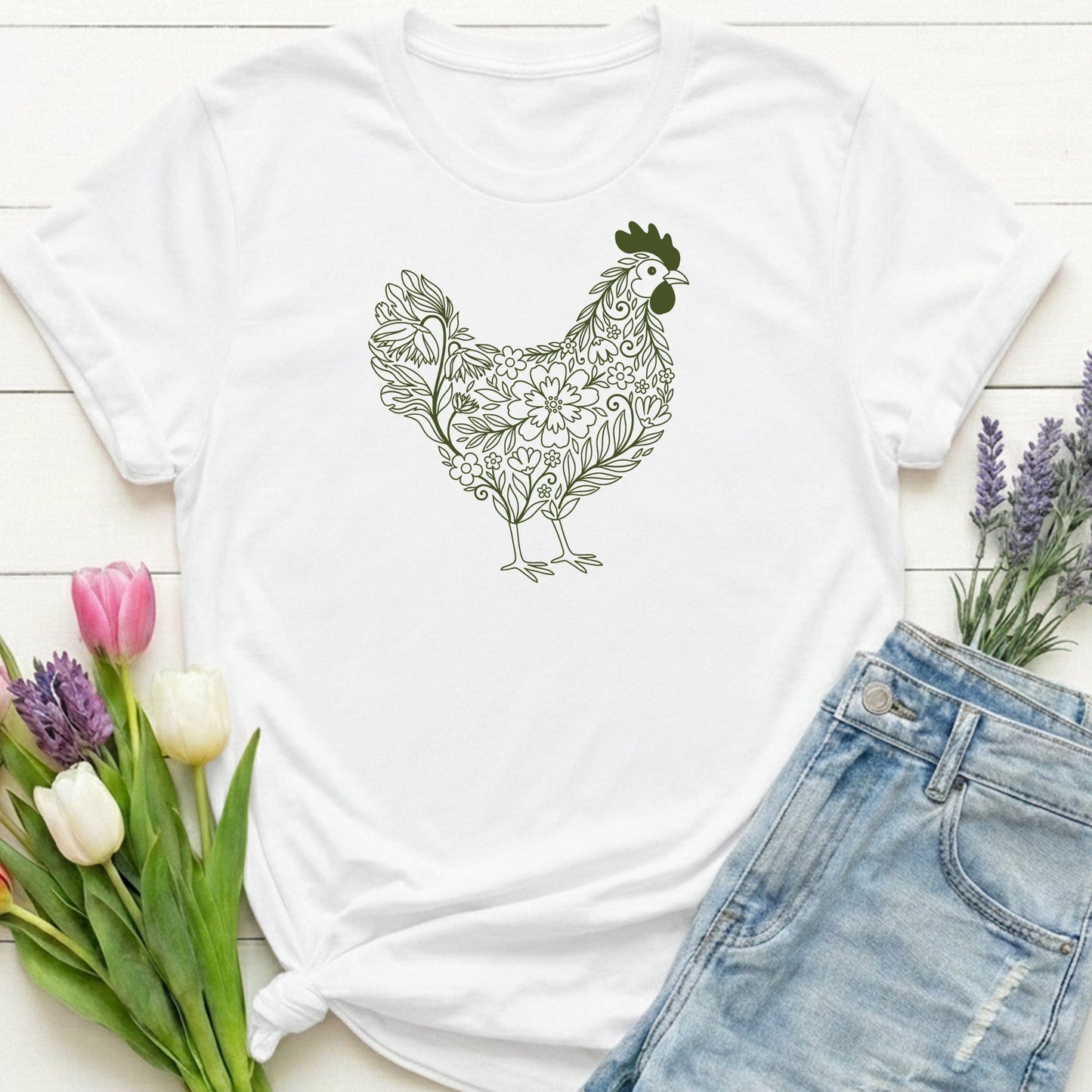 Floral Hen Line Art Shirt | Minimal Farmhouse Botanical Design