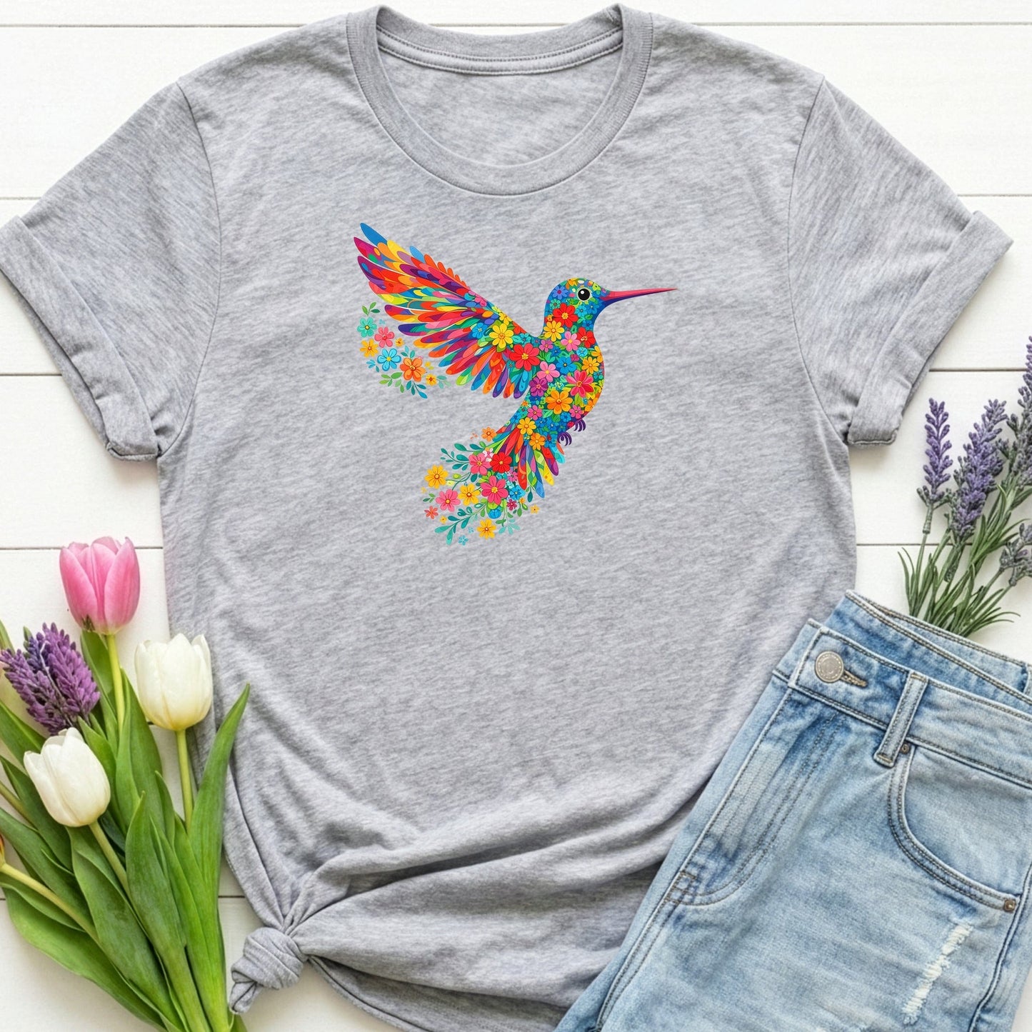 Vibrant Hummingbird Floral Shirt | Colorful Botanical Graphic t-shirt