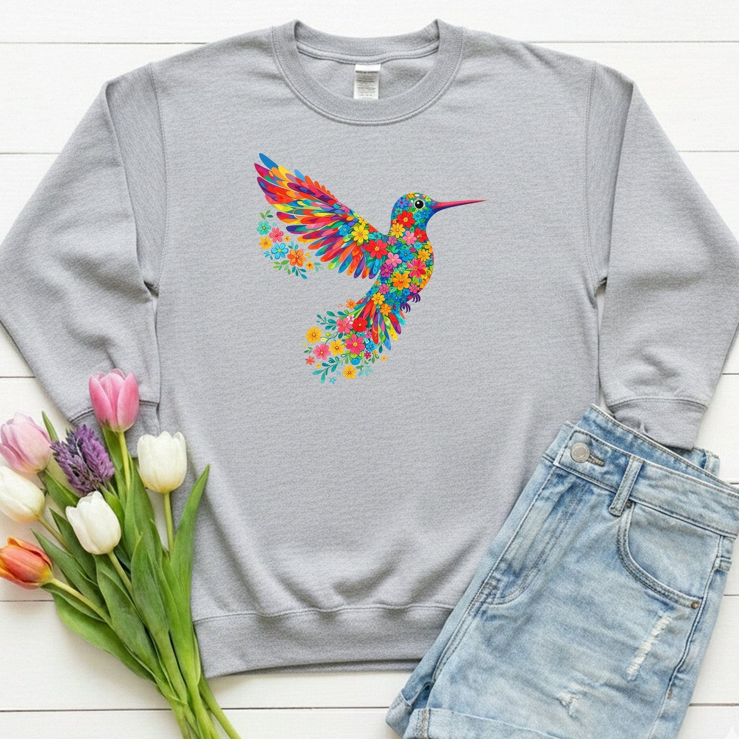 Vibrant Hummingbird Floral Shirt | Colorful Botanical Graphic Sweatshirt