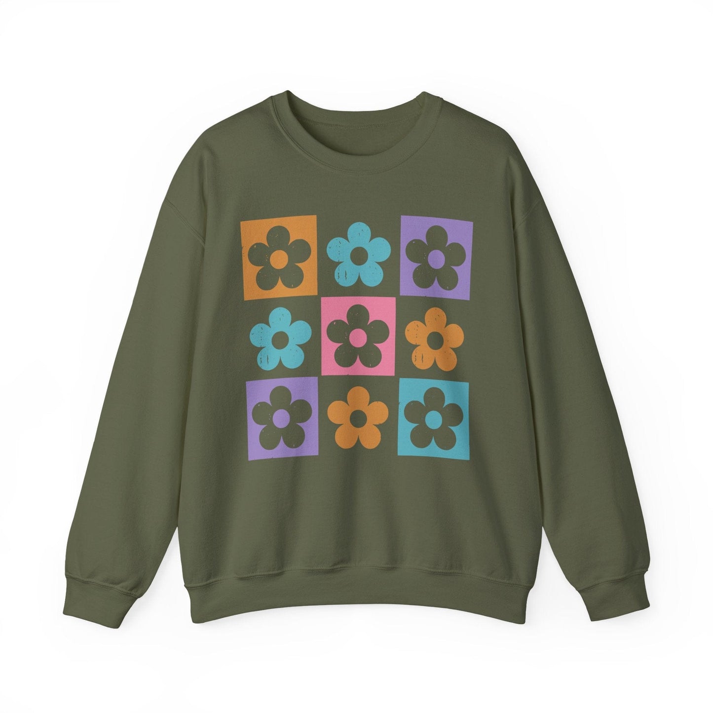 Retro Flower Grid Sweatshirt | Modern Floral Pattern, Colorful Minimalist Design