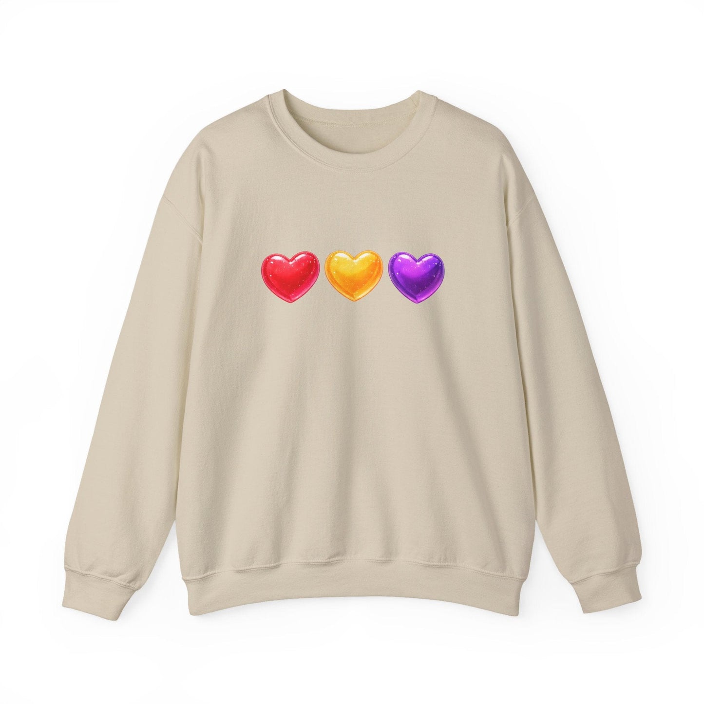 Colorful Candy Heart Trio Valentine Shirt | Cute Glossy Heart Love Sweatshirt