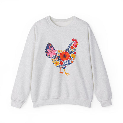 Floral Chicken Sweatshirt | Folk Art Spring Farm Design