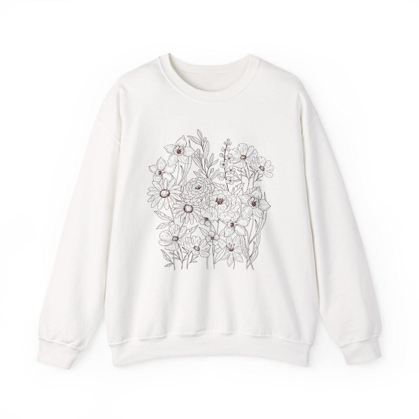Vintage Floral Line Art Sweatshirt | Dark Botanical Wildflower Design
