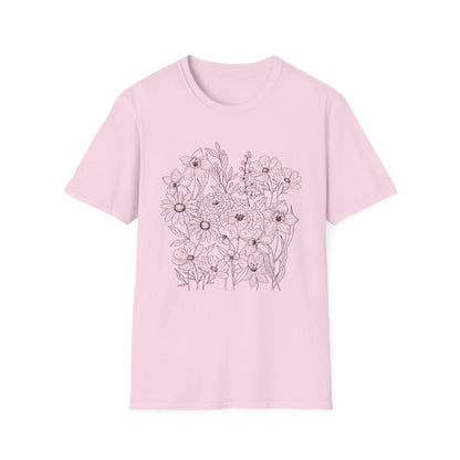 Vintage Floral Line Art t-shirt | Dark Botanical Wildflower Design