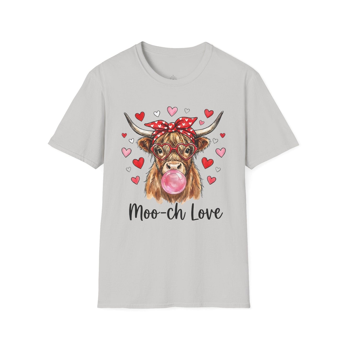 Moo-ch Love Highland Cow Valentine T-Shirt | Cute Bubblegum, Heart Glasses Design