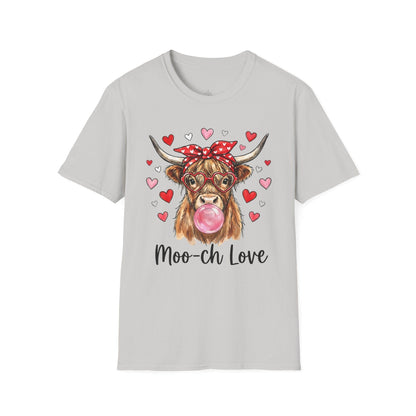 Moo-ch Love Highland Cow Valentine T-Shirt | Cute Bubblegum, Heart Glasses Design