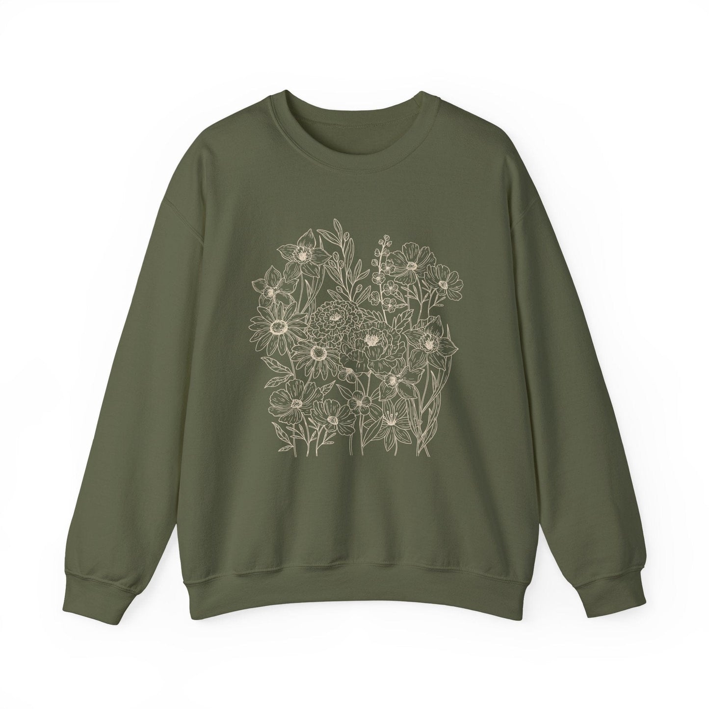 Vintage Floral Line Art Sweatshirt | Dark Botanical Wildflower Design