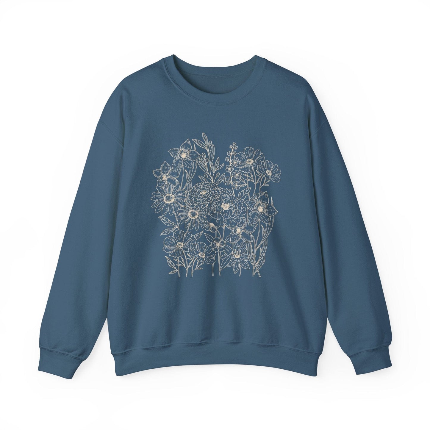 Vintage Floral Line Art Sweatshirt | Dark Botanical Wildflower Design