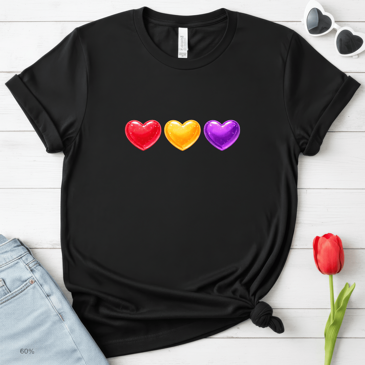 Colorful Candy Heart Trio Valentine Shirt | Cute Glossy Heart Love Sweatshirt