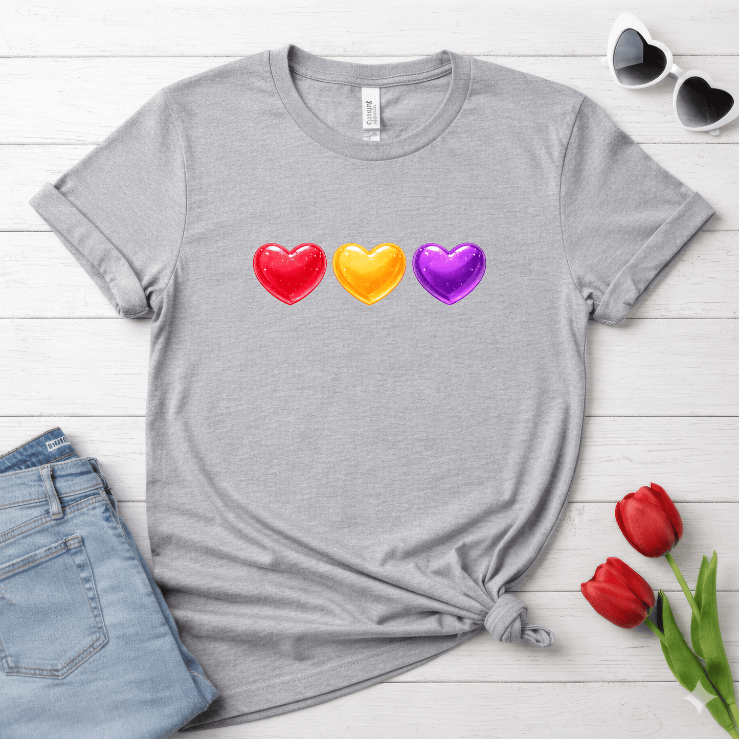 Colorful Candy Heart Trio Valentine Shirt | Cute Glossy Heart Love Sweatshirt