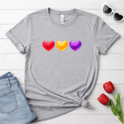 Colorful Candy Heart Trio Valentine Shirt | Cute Glossy Heart Love Sweatshirt