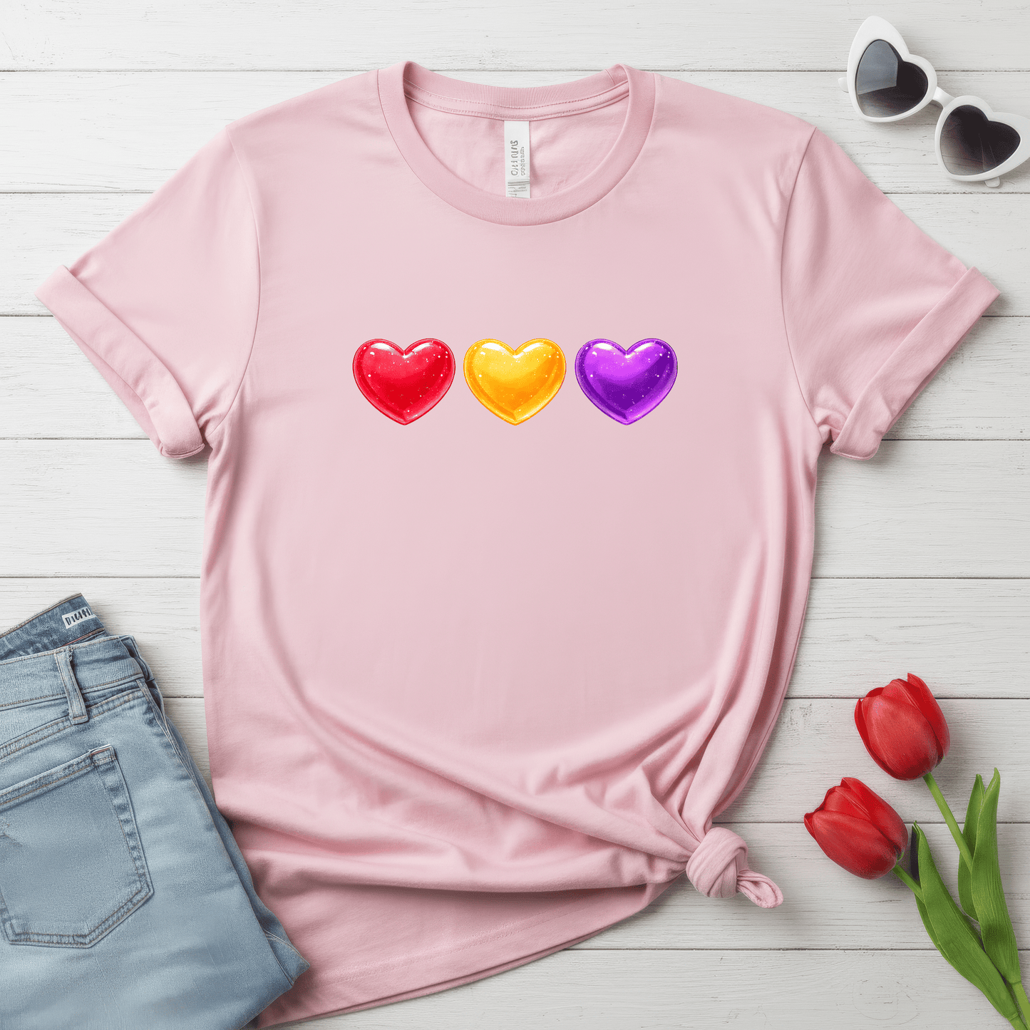 Colorful Candy Heart Trio Valentine Shirt | Cute Glossy Heart Love Sweatshirt