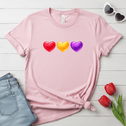 Colorful Candy Heart Trio Valentine Shirt | Cute Glossy Heart Love Sweatshirt