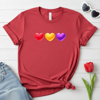 Colorful Candy Heart Trio Valentine Shirt | Cute Glossy Heart Love Sweatshirt
