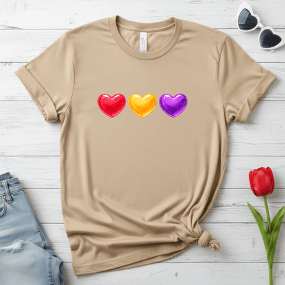 Colorful Candy Heart Trio Valentine Shirt | Cute Glossy Heart Love Sweatshirt