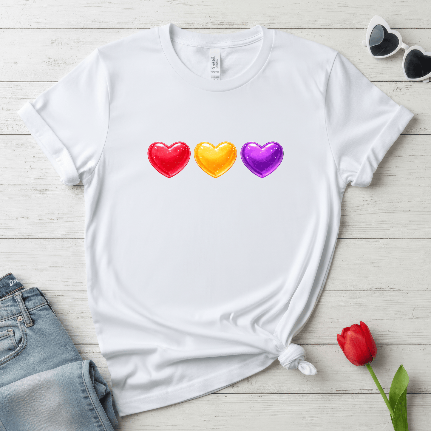 Colorful Candy Heart Trio Valentine Shirt | Cute Glossy Heart Love Sweatshirt