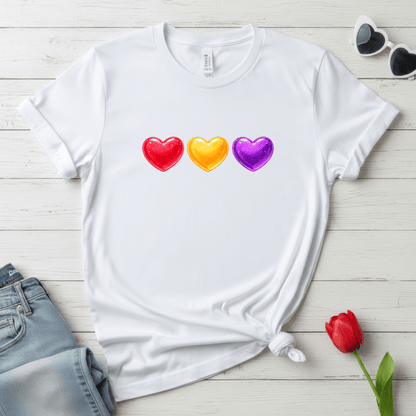 Colorful Candy Heart Trio Valentine Shirt | Cute Glossy Heart Love Sweatshirt