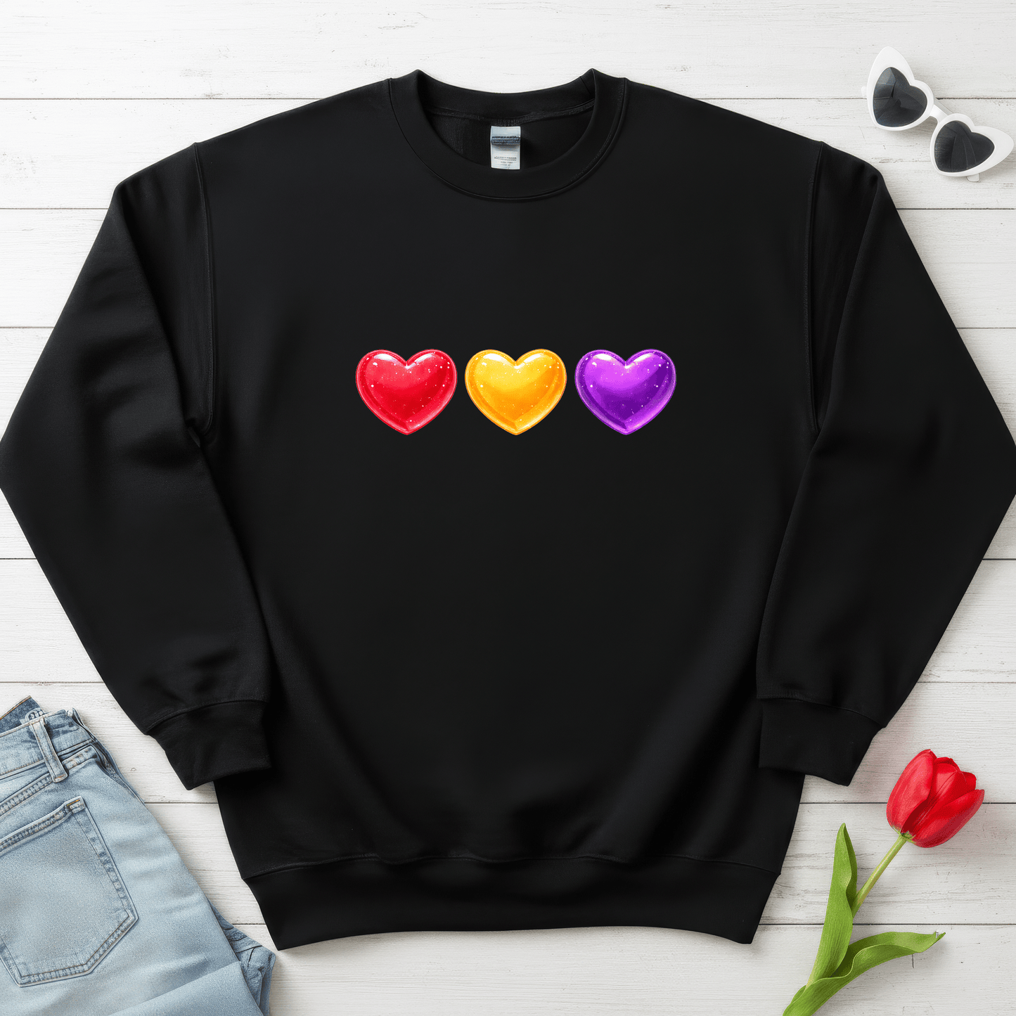 Colorful Candy Heart Trio Valentine Shirt | Cute Glossy Heart Love Sweatshirt