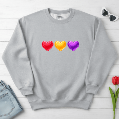 Colorful Candy Heart Trio Valentine Shirt | Cute Glossy Heart Love Sweatshirt