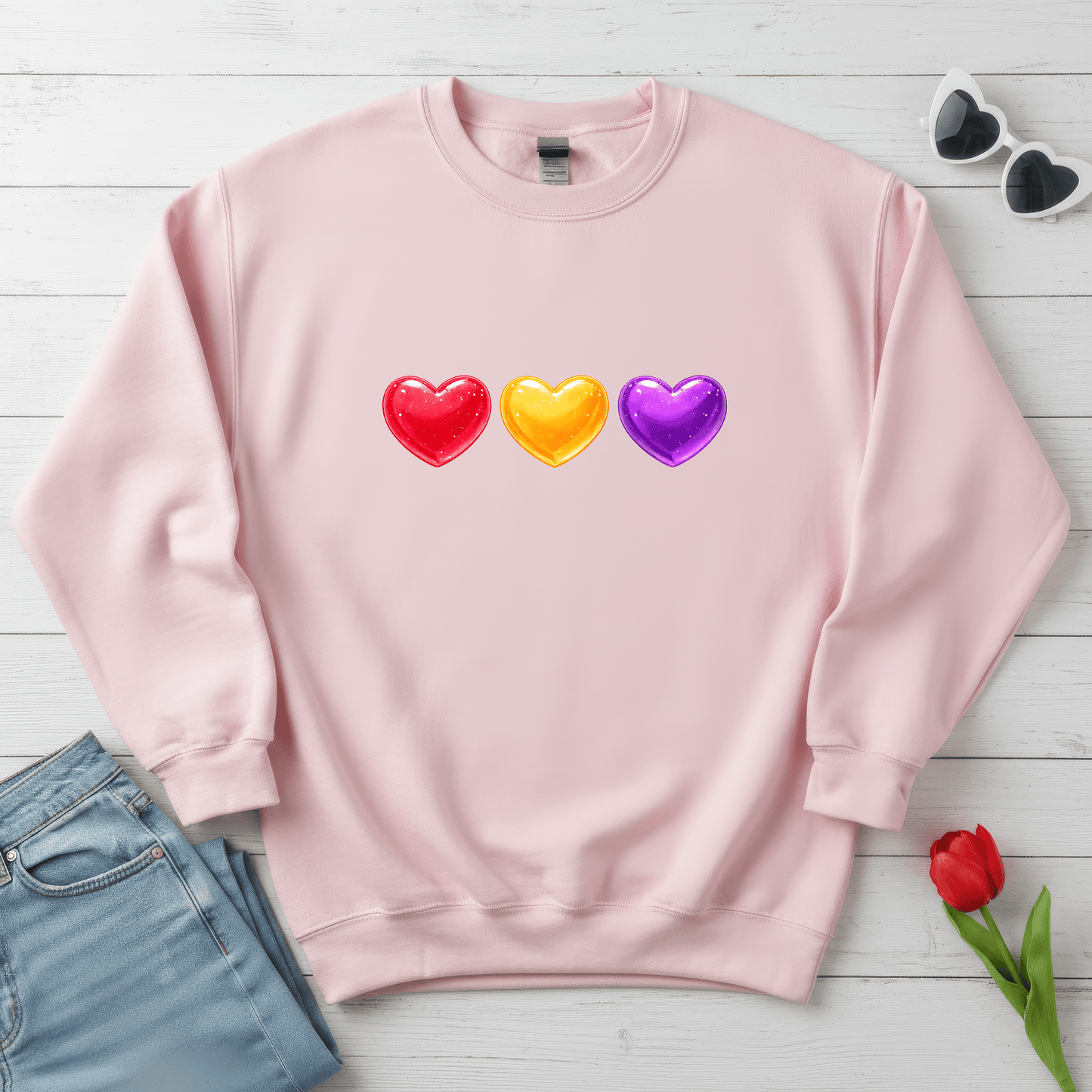Colorful Candy Heart Trio Valentine Shirt | Cute Glossy Heart Love Sweatshirt