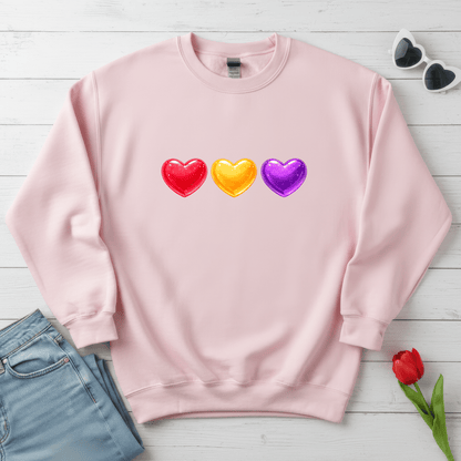 Colorful Candy Heart Trio Valentine Shirt | Cute Glossy Heart Love Sweatshirt
