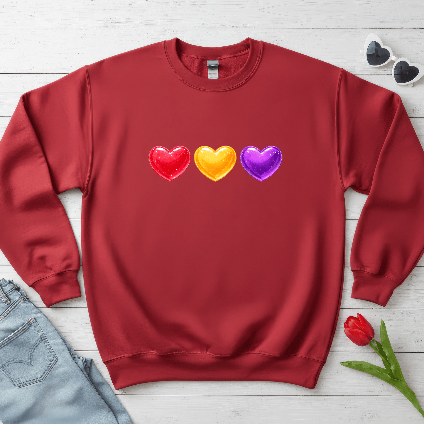 Colorful Candy Heart Trio Valentine Shirt | Cute Glossy Heart Love Sweatshirt
