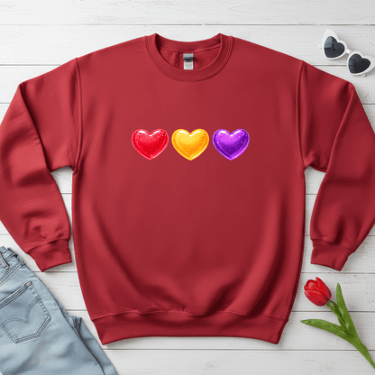 Colorful Candy Heart Trio Valentine Shirt | Cute Glossy Heart Love Sweatshirt