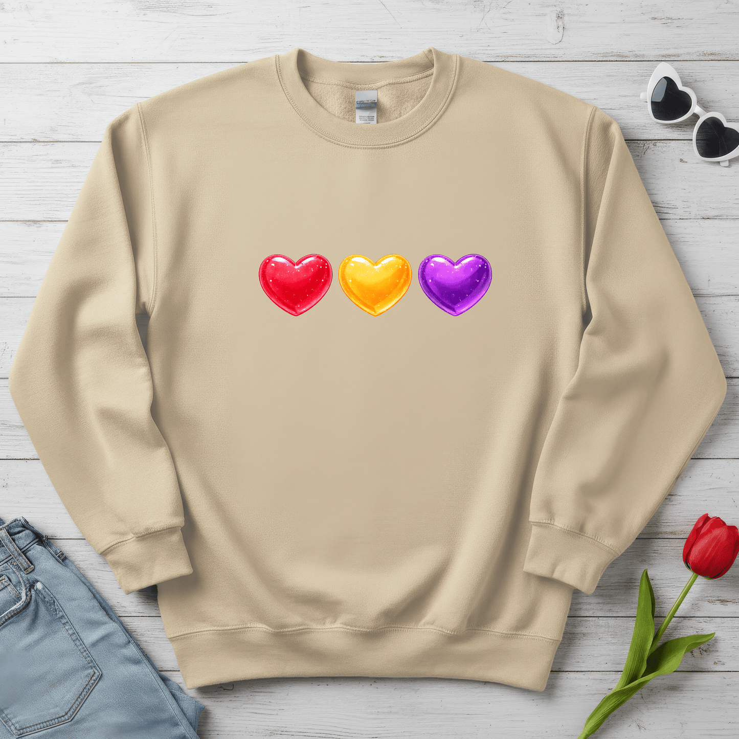 Colorful Candy Heart Trio Valentine Shirt | Cute Glossy Heart Love Sweatshirt