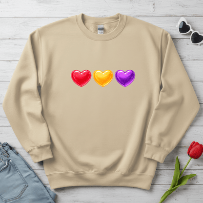 Colorful Candy Heart Trio Valentine Shirt | Cute Glossy Heart Love Sweatshirt