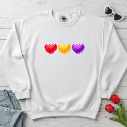 Colorful Candy Heart Trio Valentine Shirt | Cute Glossy Heart Love Sweatshirt