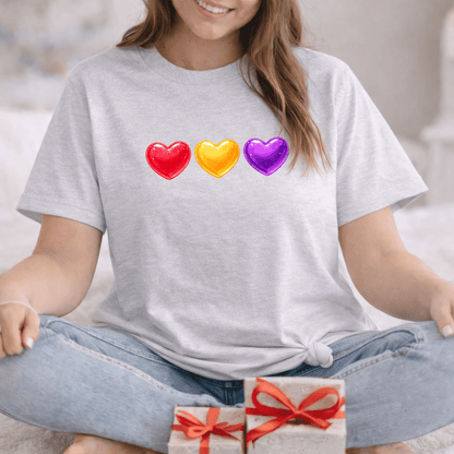 Colorful Candy Heart Trio Valentine Shirt | Cute Glossy Heart Love Sweatshirt