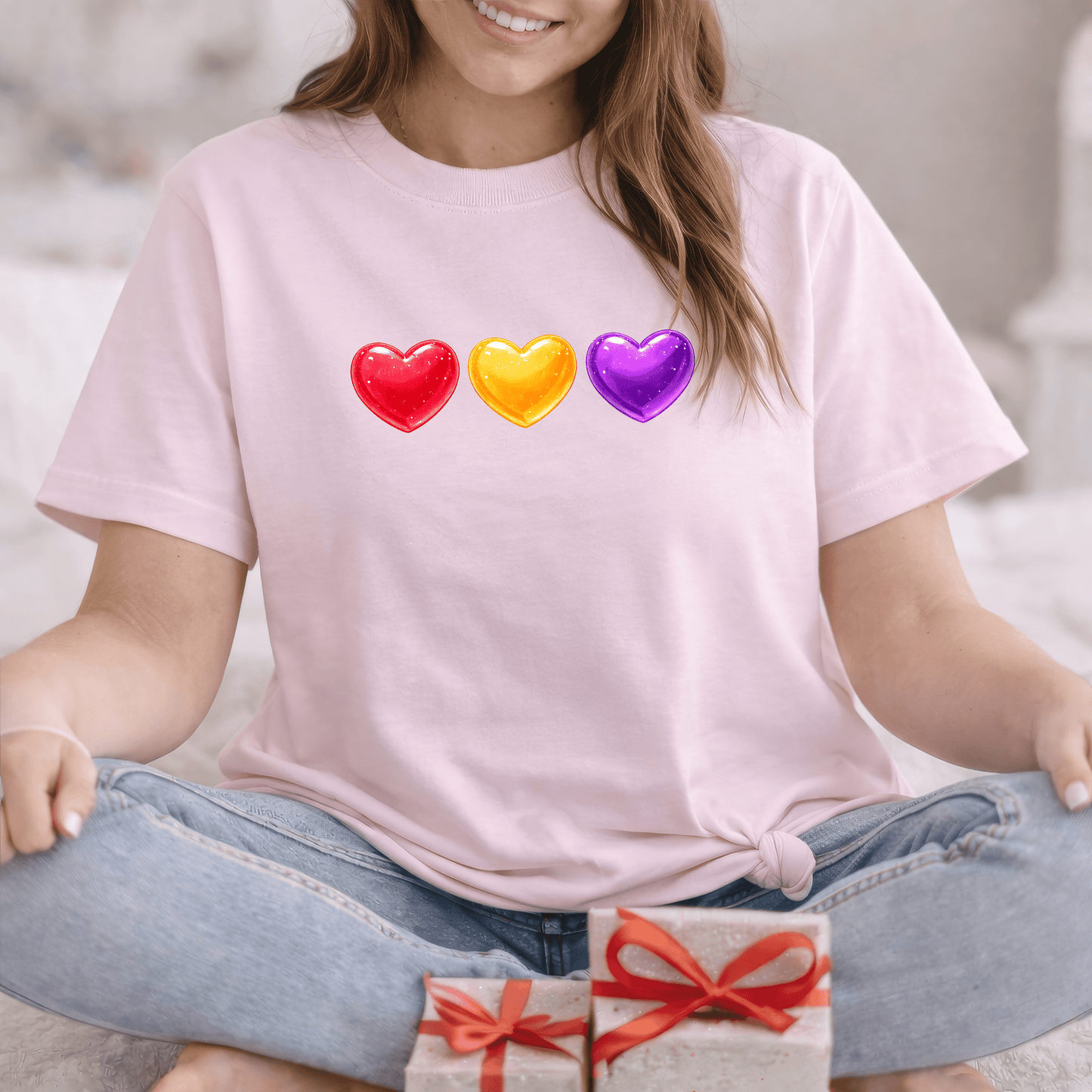 Colorful Candy Heart Trio Valentine Shirt | Cute Glossy Heart Love Sweatshirt