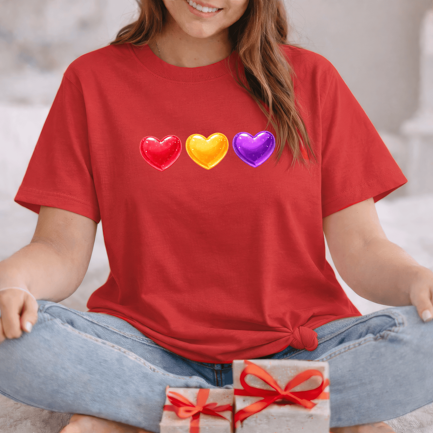 Colorful Candy Heart Trio Valentine Shirt | Cute Glossy Heart Love Sweatshirt