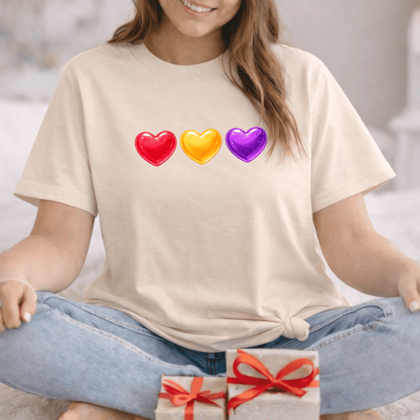 Colorful Candy Heart Trio Valentine Shirt | Cute Glossy Heart Love Sweatshirt